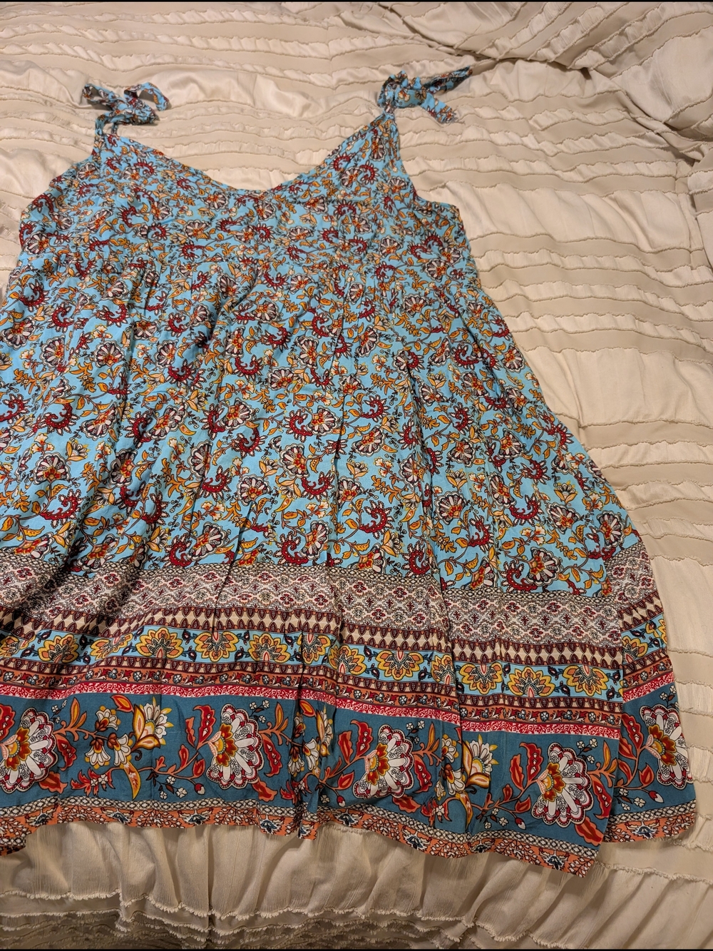SHEIN Blue Floral Tie-Shoulder Sundress with Red and Yellow Accents
